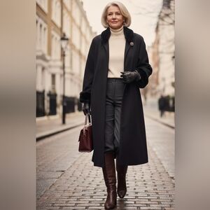 Vintage Donny Brook Black Wool Blend Women's Coat w/ Faux Fur Trim 14P